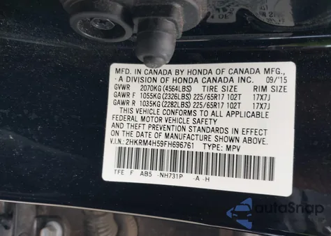 2015 Honda Cr-V Ex z USA, uszkodzony, nr VIN 2HKRM4H59FH696761